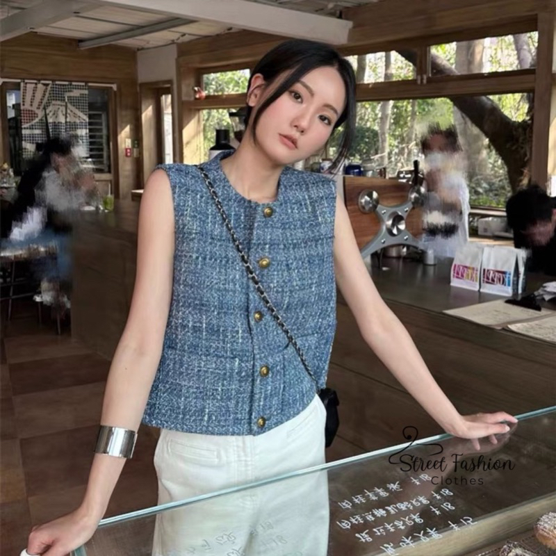 Áo gile dạ tweed xanh dương khuy mạ kim loại phong cách trẻ trung Hàn Quốc