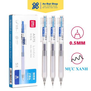 (Hộp 5 Cây) Bút Gel bấm Deli A575 ngòi 0.5mm mực xanh, đen, đều nét, chữ đẹp, viết lên tới 800m, ruột thay thế Deli S206