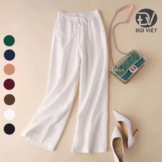  Quần ống suông lưng thun linen cạp cao cột dây vải linen mộc dày dặn mềm mát QD004 Trắng 
