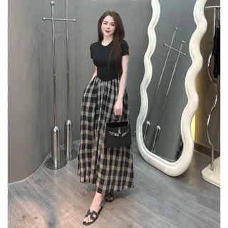 Váy len - Đầm len zip cổ tròn cộc tay co dãn phối liền chân váy thô kẻ caro dáng dài đơn giản mặc thời trang