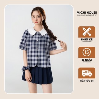 Áo Kiểu Michi House Vải Tằm Thô Mềm Mát Tay Ngắn Cổ Sơ Mi Dáng Suông A78