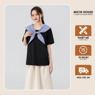 Áo Kiểu Michi House Vải Tuytsi Cotton Mềm Mịn Tay Ngắn Cổ Nơ Dáng Suông A79