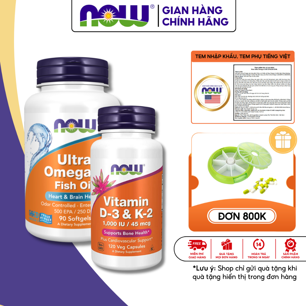 Combo kết hợp toàn diện tốt cho xương khớp, tim và não bộ Now Vitamin D3-K2 1000IU 45mcg + Ultra Omega-3 500 EPA/250 DHA