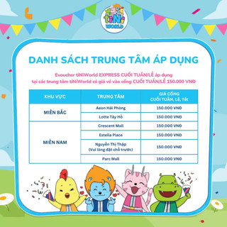 Vé cổng điện tử tiNiWorld EXPRESS CUỐI TUẦN/LỄ áp dụng tại các TT tiNiWorld có giá vé vào cổng 150.000 VNĐ