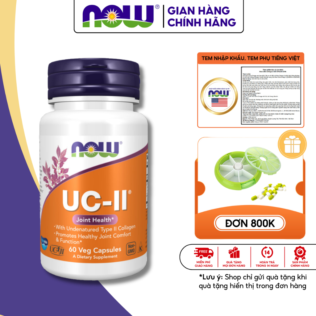Viên uống hỗ trợ xương khớp, đau khớp tăng dịch nhầy cho khớp Now UC-II Collagen Type II 60v