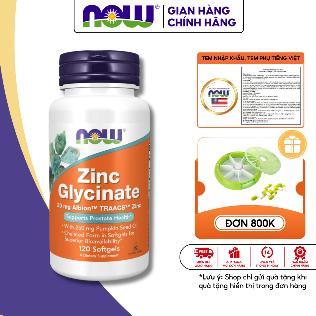 Viên kẽm Now Zinc Glycinate 30mg 120 viên hỗ trợ giảm mụn, phục hồi cơ bắp và sinh lý nam