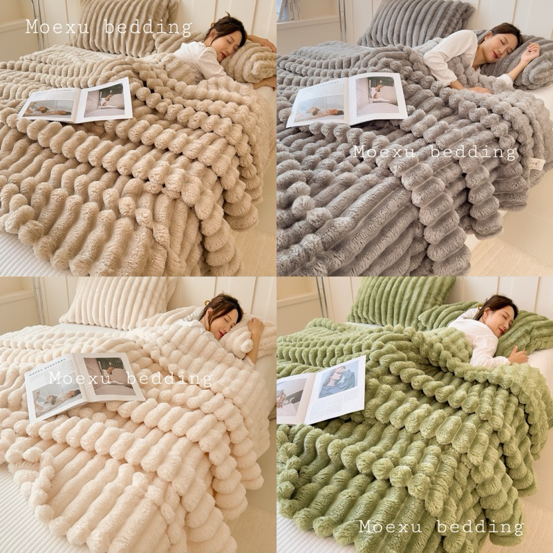  Chăn Nỉ Nhung Tuyết Kẻ Tăm 1,8kg Giữ Ấm Tốt Lông Tuyết Mềm Mịn Kích Thước 2M3x2M 