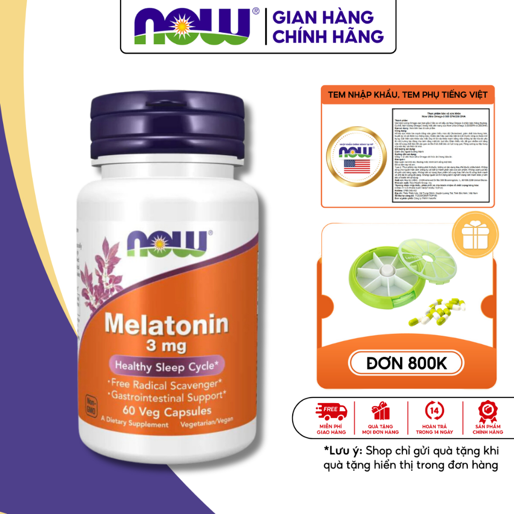 Viên uống cải thiện giấc ngủ Now Melatonin 3mg của Mỹ giúp giấc ngủ ngon không gây mệt mỏi lọ 60 viên