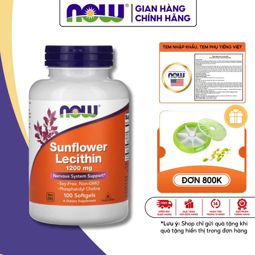 Viên uống chống tắc tia sữa Now Sunflower Lecithin 1200mg 100 viên