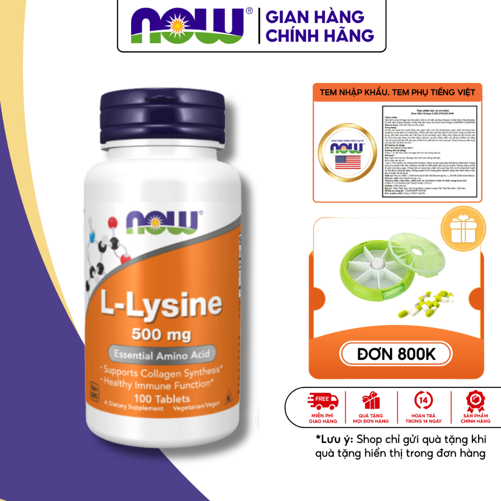 L-Lysine Now 500mg giảm mụn nội tiết, hỗ trợ miễn dịch, tăng sinh collagen