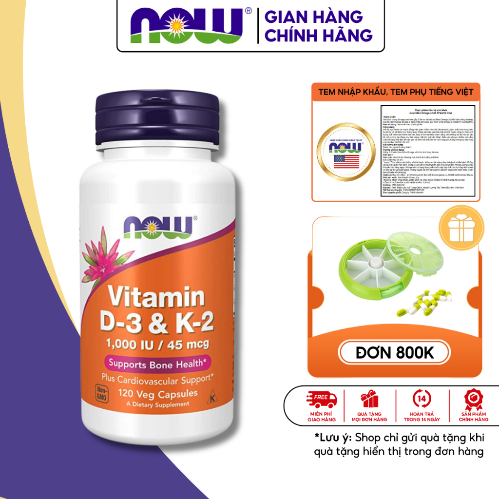 Viên uống D3 K2 1000 IU 45 mcg Now của Mỹ hỗ trợ cho xương chắc khỏe lọ 120 viên