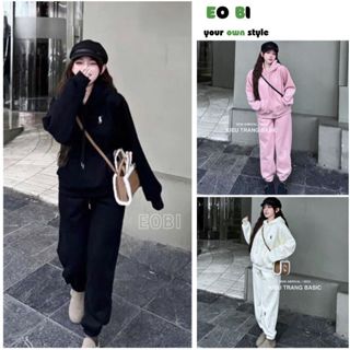 Set Bộ Nỉ Nữ, Áo Hoodie Có Mũ Dài Tay Logo Quần Nỉ Ống Đứng Có Bo Gấu Trẻ Trung - EOBI