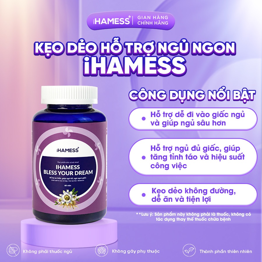 Kẹo ngủ ngon iHamess, Kẹo ngủ melatonin hỗ trợ tăng cường giấc ngủ, dễ ngủ hơn, sâu giấc hơn Hộp 60 viên kẹo dẻo