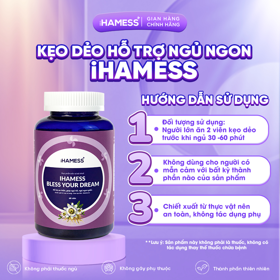 Kẹo ngủ ngon iHamess, Kẹo ngủ melatonin hỗ trợ tăng cường giấc ngủ, dễ ngủ hơn, sâu giấc hơn Hộp 60 viên kẹo dẻo