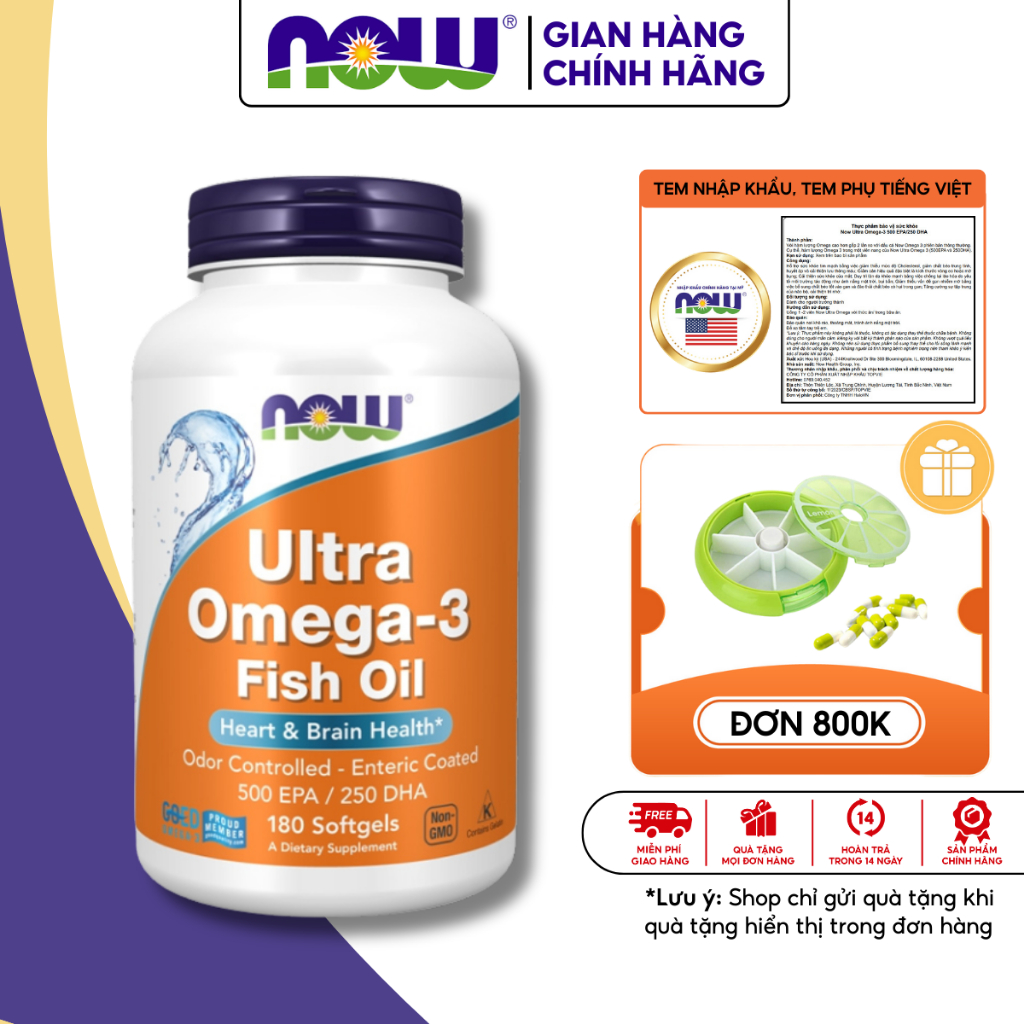 Dầu cá Now Ultra Omega-3 500 EPA/250 DHA bổ mắt tăng đề kháng lọ 90 viên