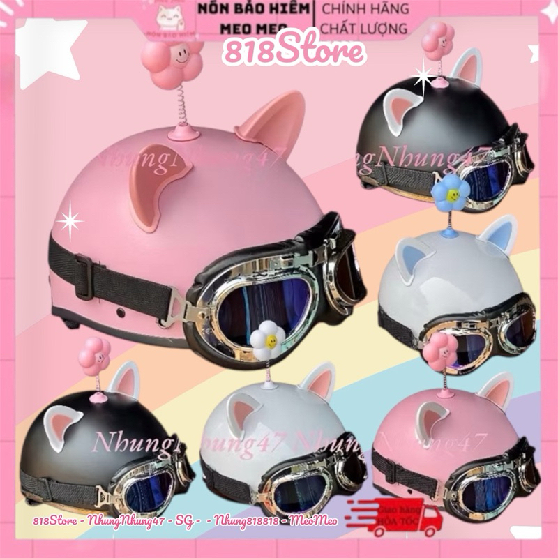 [Hình Loại 1] Nón Bảo Hiểm Nửa Đầu Kính Phi Công Kèm Phụ Kiện Tai Mèo hai Màu Và Bông Hoa Gắn Mũ Bảo Hiểm cute
