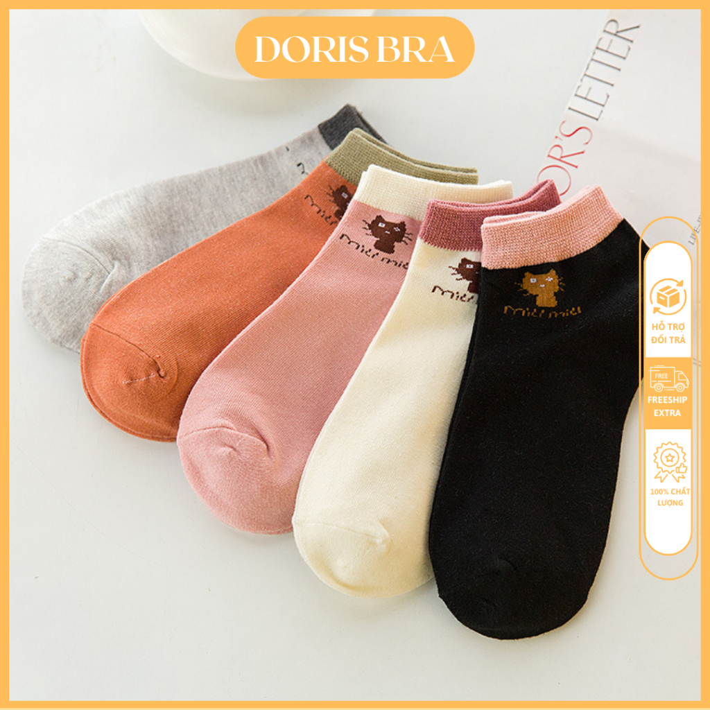 Combo 5 đôi tất nữ kiểu dáng mèo con, màu kẹo, tất thuyền nữ cotton, tất thoáng khí