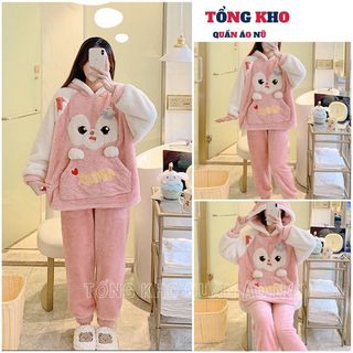 Bộ ngủ nữ lông cừu san hô mùa đông họa tiết thêu đáng yêu màu hồng xinh xắn - TONGKHO