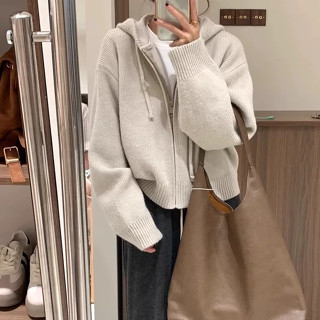 [ẢNH THẬT] Áo len khoác ngoài có mũ hoodie khoá kéo 2 chiều màu be xinh ulzzang dáng vừa dài tay