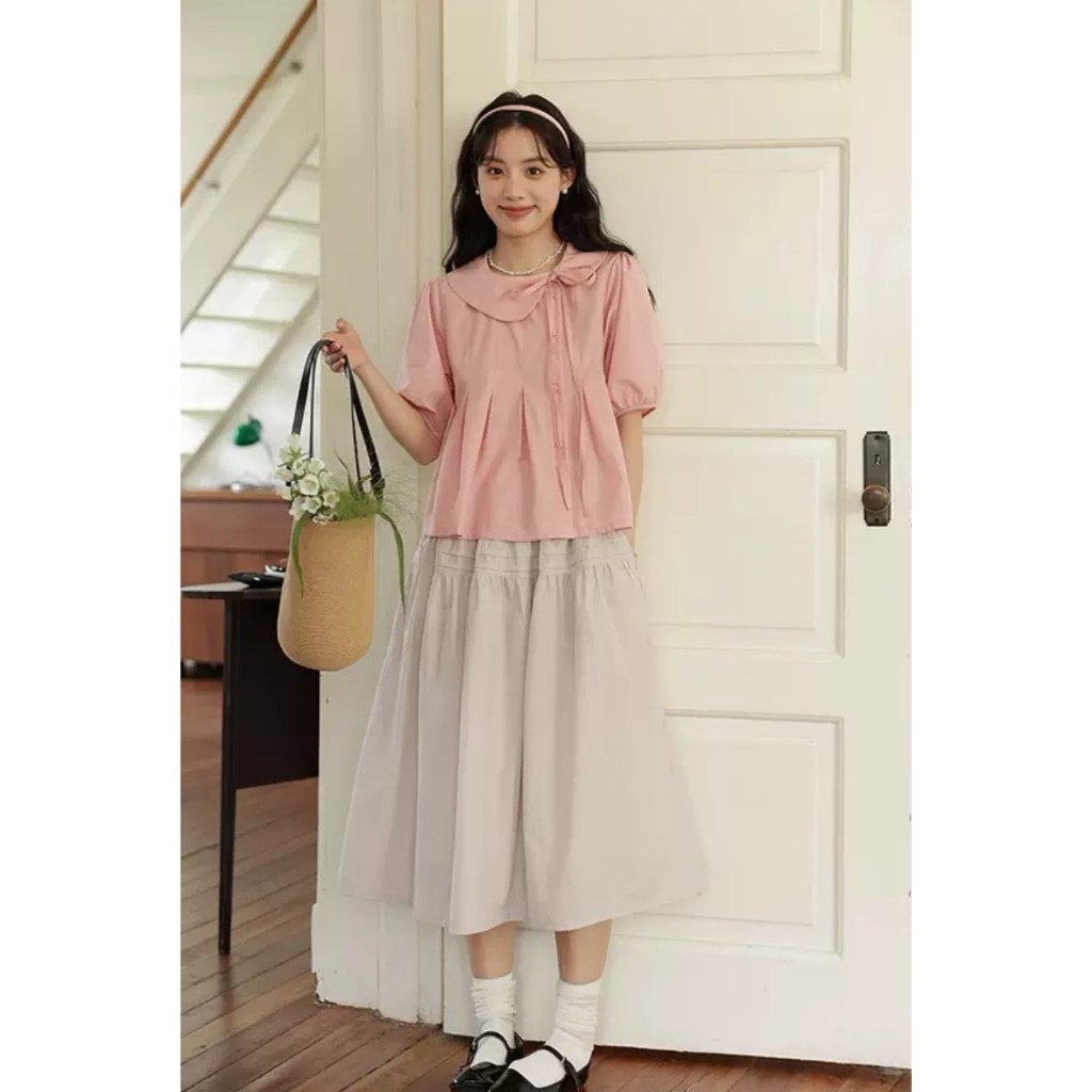 Áo kiểu babydoll cổ sen cúc lệch xếp ly ngực tay phồng phong cách Hàn Quốc phù hợp đi học đi làm đi chơi | BigBuy360 - bigbuy360.vn