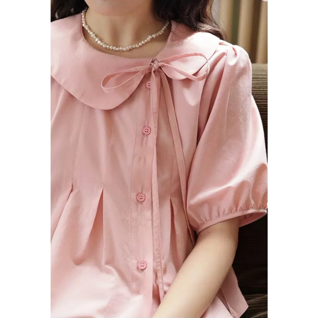 Áo kiểu babydoll cổ sen cúc lệch xếp ly ngực tay phồng phong cách Hàn Quốc phù hợp đi học đi làm đi chơi | BigBuy360 - bigbuy360.vn