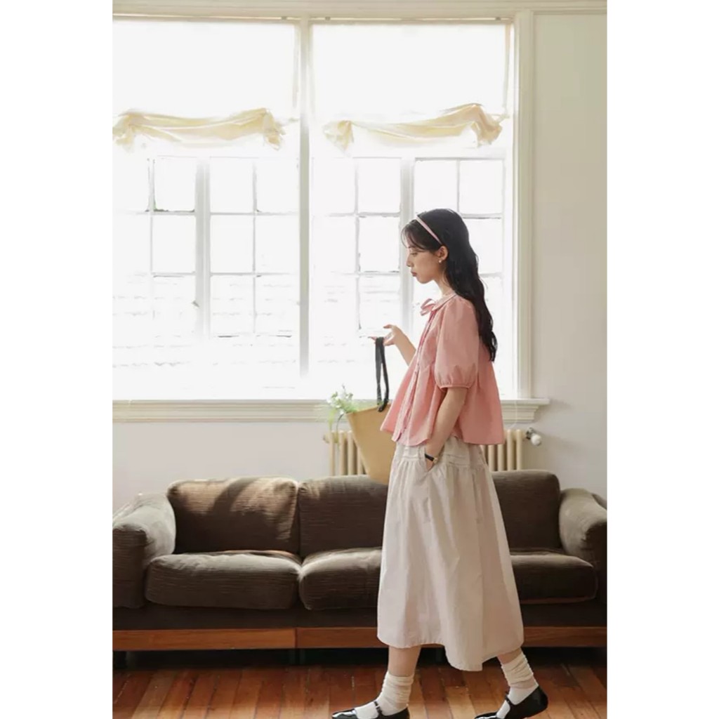 Áo kiểu babydoll cổ sen cúc lệch xếp ly ngực tay phồng phong cách Hàn Quốc phù hợp đi học đi làm đi chơi | BigBuy360 - bigbuy360.vn