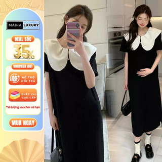 Đầm Suông, Váy Bầu Công Sở Phối Cổ Trắng Chất Lụa Mát Cho Mùa Hè Thiết Kế Cao Cấp 2025 MAIKA