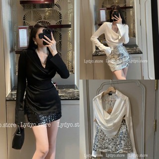 Set váy đầm kim tuyến bling bling lấp lánh, phối áo lụa cổ đổ dài tay, ôm bó body thiết kế cao cấp dự tiệc cưới, bar