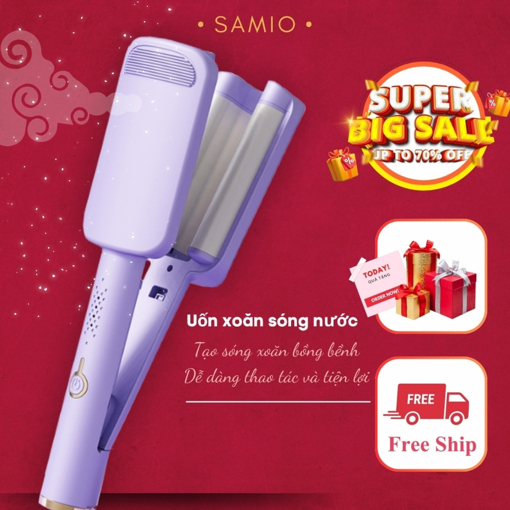 Máy Uốn Tóc Hippie Trục Uốn 32mm Bản Pro 2026 Thiết Kế 3 Trục, Máy Dập Xoăn Sóng Rãnh Sâu Chất Liệu Gốm Sứ Ion Âm- SAMIO