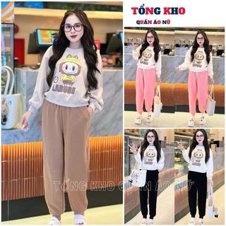 Bộ nỉ dài tay thu đông labubu ngộ nghĩnh, Set bộ đồ nữ họa tiết đáng yêu co giãn nhẹ - TONGKHO