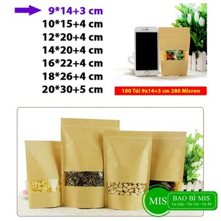 100 cái 9x14+3cm Túi zip giấy Kraft cửa sổ tràn viền nhỏ phủ PET CPP chống nước chuyên đựng thực phẩm có nhận in logo