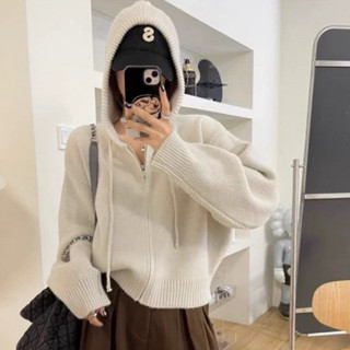 [ẢNH THẬT] SẴN Áo khoác len cardigan dáng vừa hoodie mũ có khoá kéo màu be xinh dài tay bo gấu hothit thu đông girl
