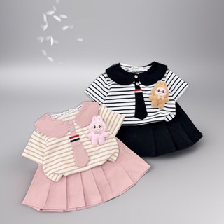 Sét Áo Cổ Sen Cà Vạt Gấu LaBuBu Phối Chân Váy Xếp Ly Siêu Xinh Cho Bé
