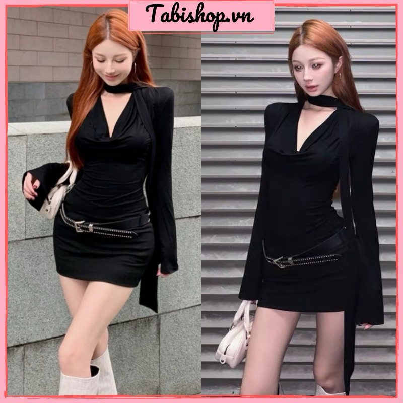 Đầm body tay dài cổ đổ sexy(tặng kèm dây lưng) TABISHOP Váy body đen kèm choàng cổ sang chảnh đi dự tiệc đi chơi (01)