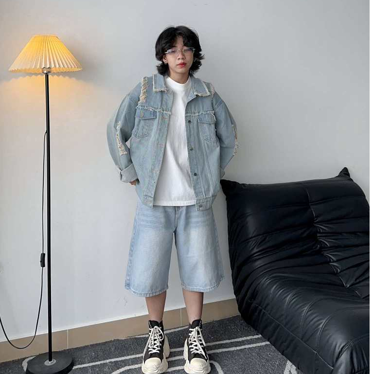 SET Jean KABI 🖤 Khoác Jean KABI + SHORT WHOSE XANH NHẠT (không kèm áo thun) Form Unisex 🖤 Áo khoác b