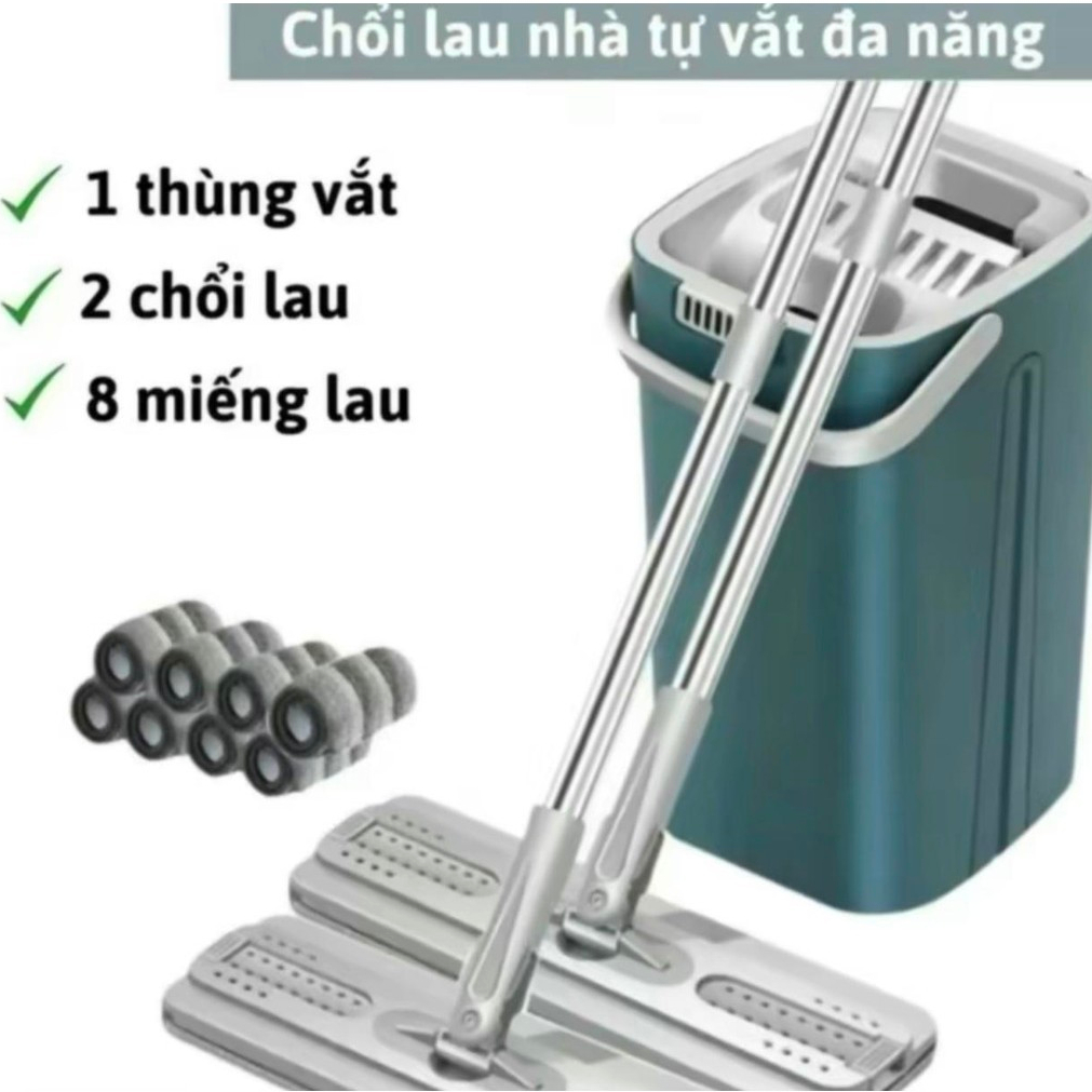 Bộ Cây Lau Nhà tự vắt (1 Thùng + 2 Cây Lau + 8 Bông Lau), Chổi Lau Nhà Tự Vắt Thông Minh Đầu Xoay 36