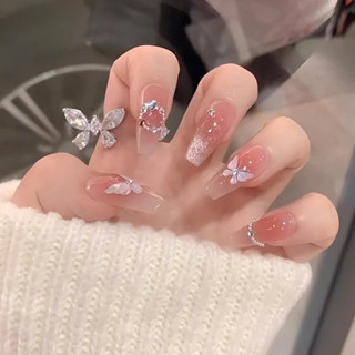   Beannail  Móng úp thiết kế thủ công nhà Bean hoạ tiết đính đá sơn ombre thạch hồng mắt mèo - B845 