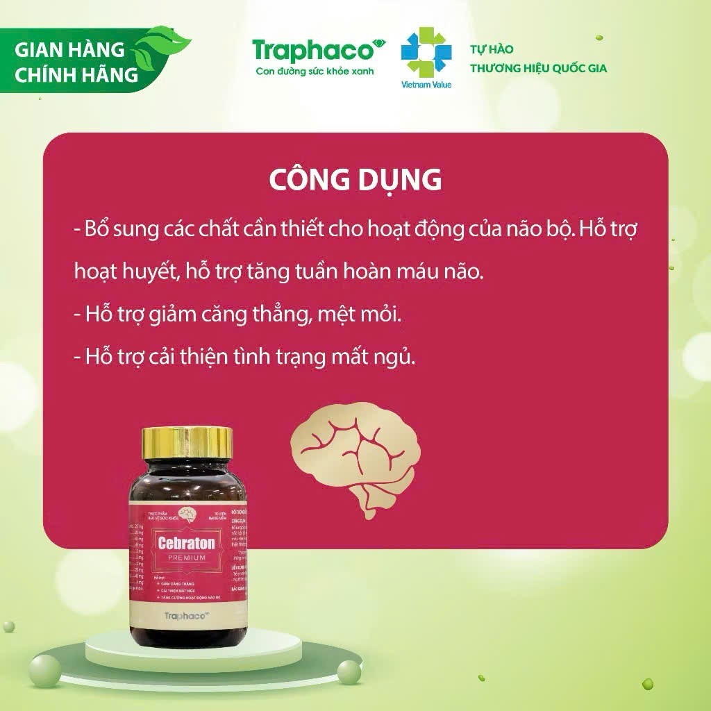 ✔(Chính Hãng) Cebraton Premium Traphaco Bổ Não Giảm Căng Thẳng Đau Đầu Cải Thiện Mất Ngủ Lọ 30v