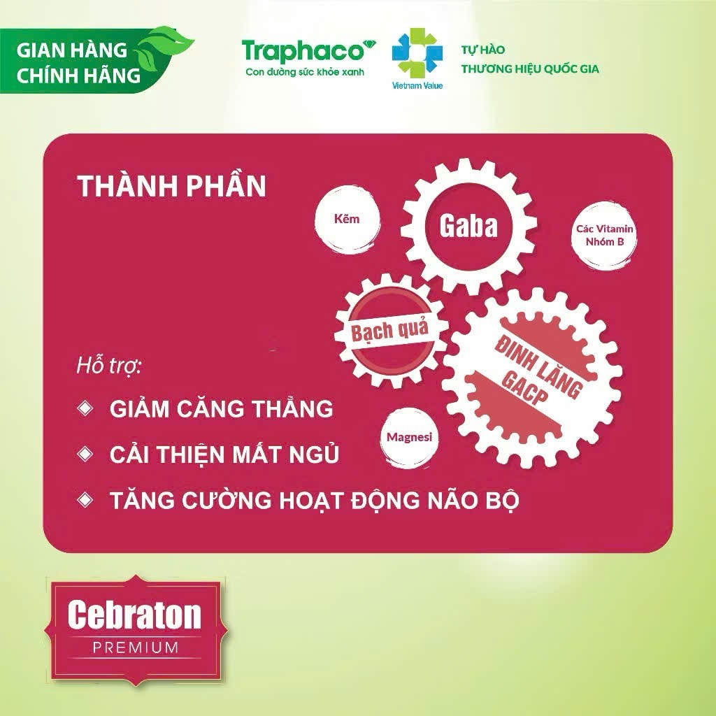 ✔(Chính Hãng) Cebraton Premium Traphaco Bổ Não Giảm Căng Thẳng Đau Đầu Cải Thiện Mất Ngủ Lọ 30v