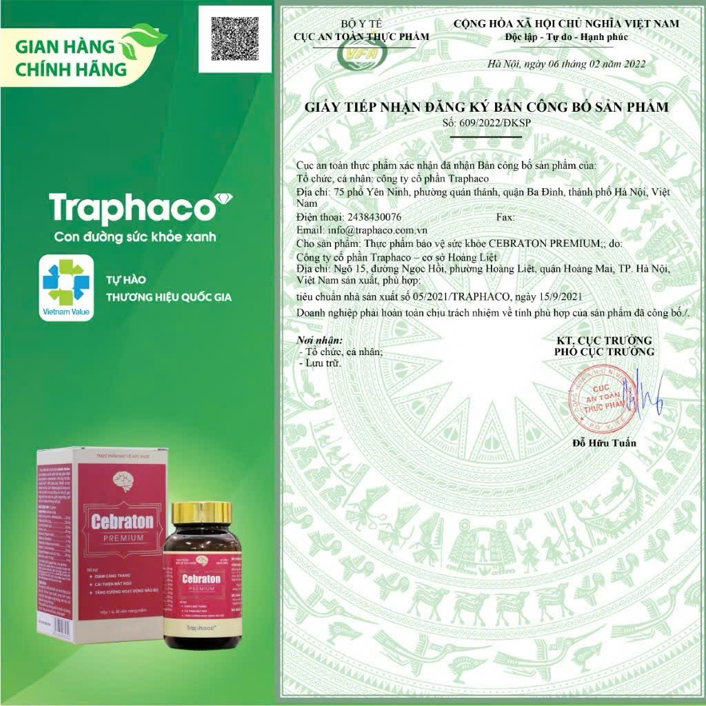 ✔(Chính Hãng) Cebraton Premium Traphaco Bổ Não Giảm Căng Thẳng Đau Đầu Cải Thiện Mất Ngủ Lọ 30v