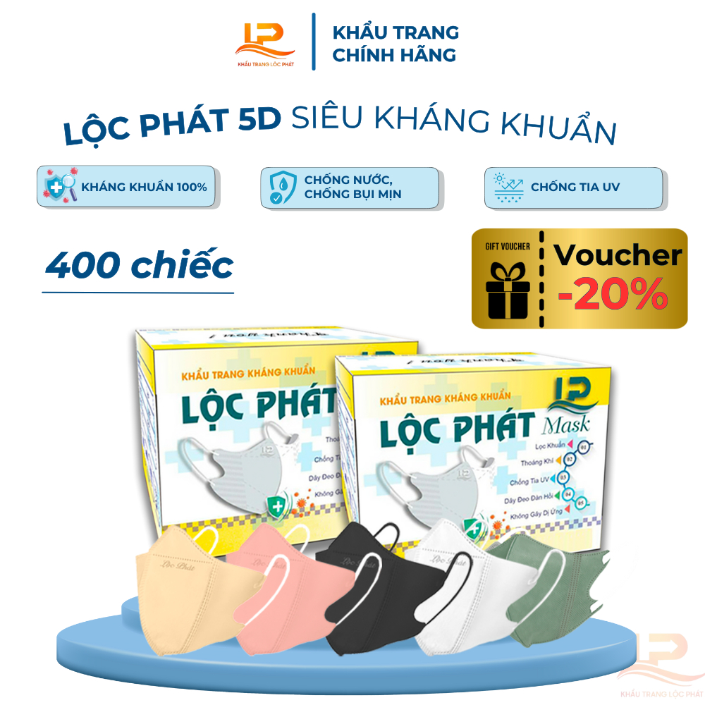 Thùng 400 Cái Khẩu Trang 5D Lộc Phát 3 Lớp Kháng Khuẩn Không Mùi Không Đau Tai Không Đứt Quai