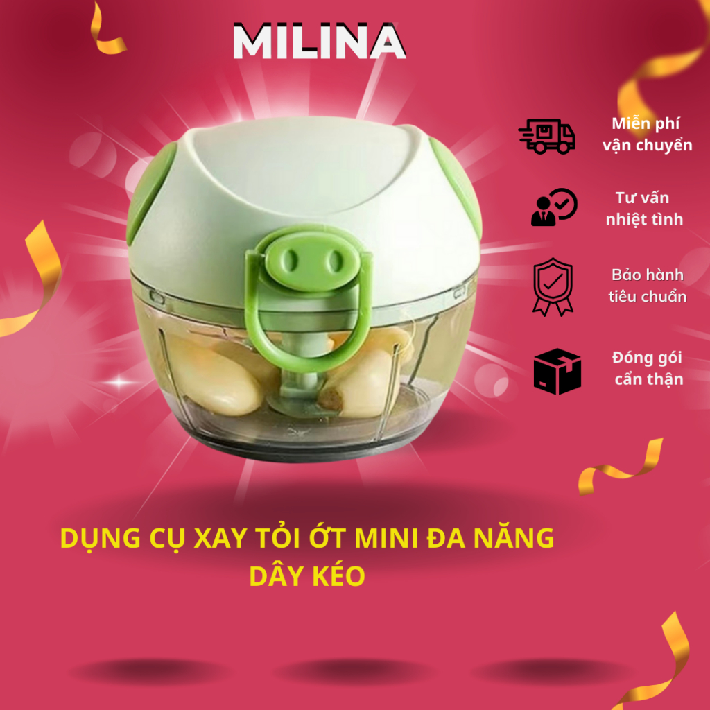 Dụng cụ xay tỏi ớt mini đa năng 3 lưỡi dao kéo tay, xay hành tỏi ớt rau củ quả - dây kéo bền bỉ - an toàn không cần điện