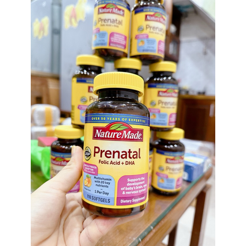 Vitamin Tổng Hợp + DHA Prenatal Bầu Mỹ Nature Made Prenatal Folic Acid + DHA 110 Viên - Mẫu mới