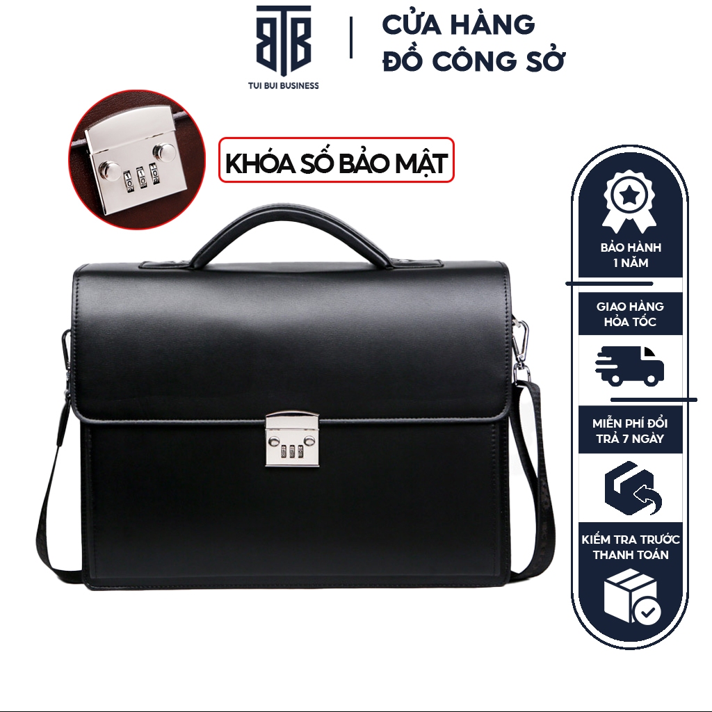 Cặp da nam công sở giám đốc văn phòng khóa số bảo mật đựng máy tính laptop 14inch, giầy tờ tài liệu A4, chống nước