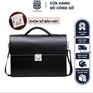 Cặp da nam công sở giám đốc văn phòng khóa số bảo mật đựng máy tính laptop 14inch, giầy tờ tài liệu A4, chống nước