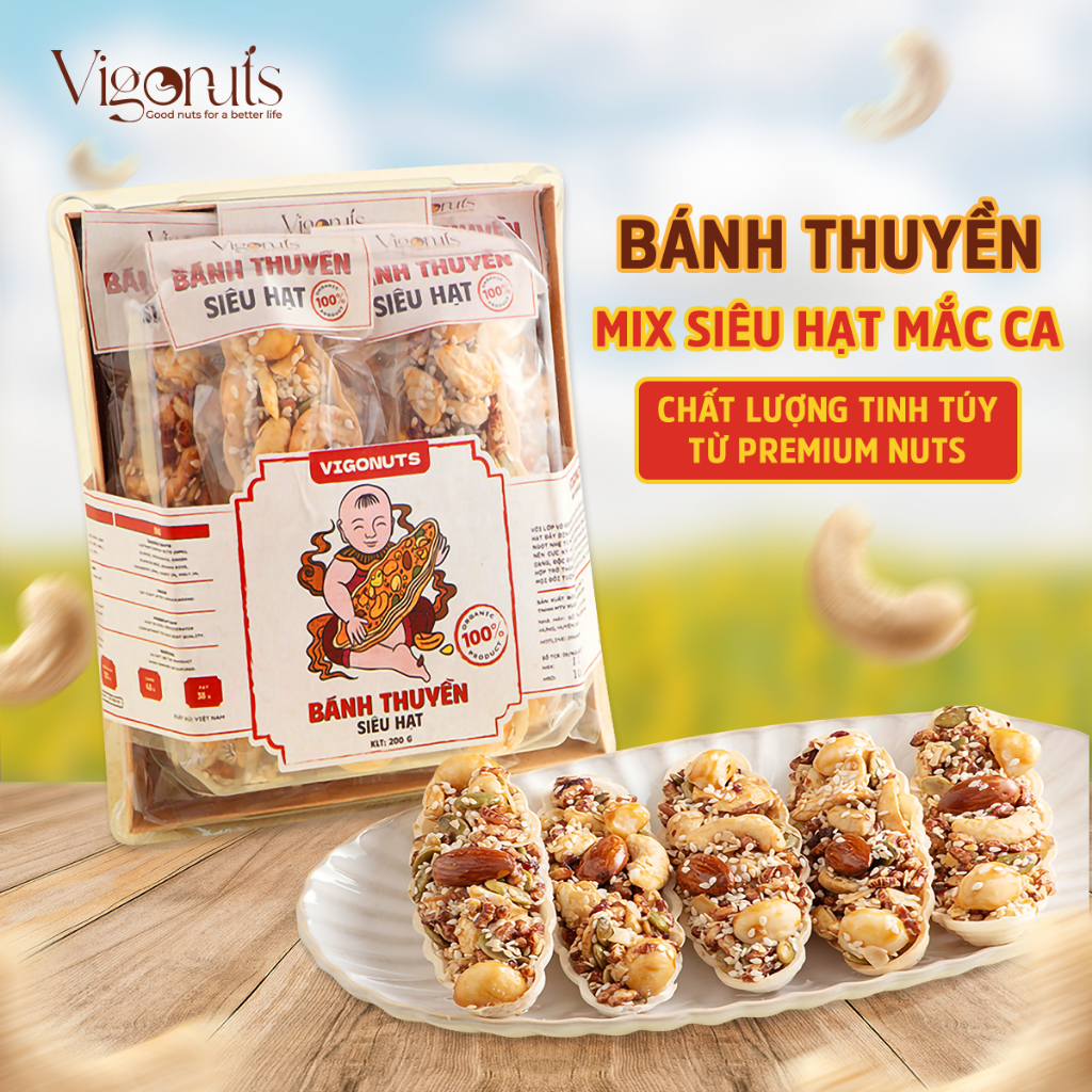  Bánh thuyền mix siêu hạt Mắc ca VIGONUS cao cấp không đường giàu dinh dưỡng phù hợp ăn kiêng keto 