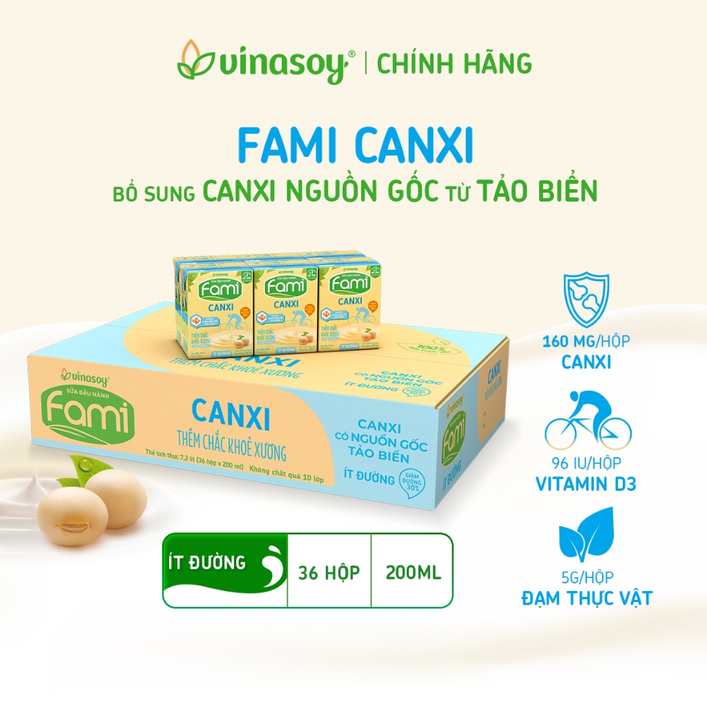 Thùng sữa đậu nành Fami Canxi ít đường (36 hộp x 200ml)
