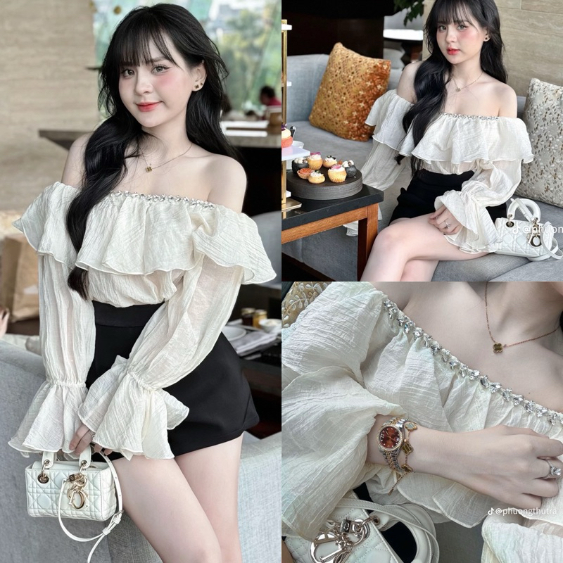 Áo trễ vai tơ đính đá sang trọng. Áo hở vai nữ tay dài xinh xắn C132