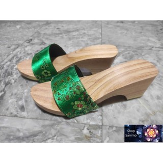 Guốc Gỗ Guốc Mộc Cao 7 Phân Đế Trụ Quai Gấm Lụa ( đế cao su 2 lớp )