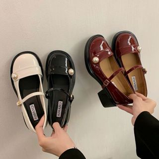 (Lùi 1 sz) Giày búp bê đế cao lolita đính ngọc trai kiểu dáng vintage thời trang hàn quốc ba màu đỏ đô trắng đen